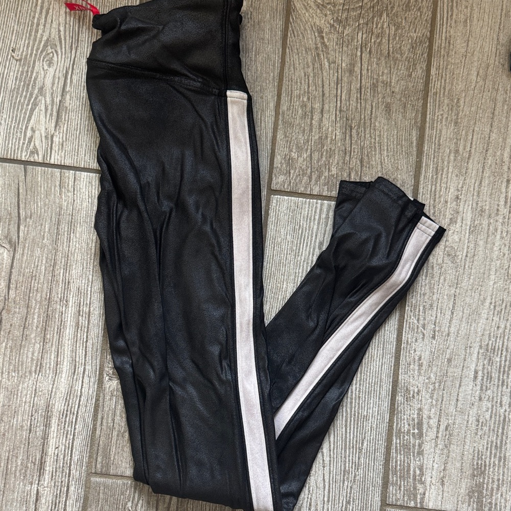 Spanx faux leather looking Black Leggings with White Stripe